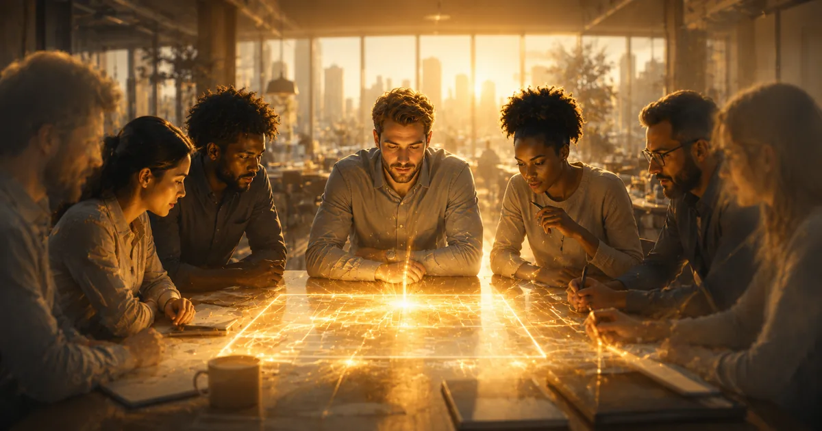 An embedded product leader seated at the center of a collaborative team table with engineers, designers, and founders leaning in, warm gold light rising from a shared product roadmap between them.