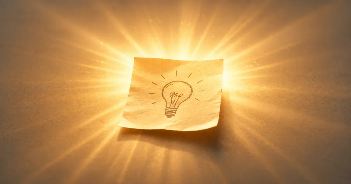 A humble napkin sketch with a rough doodle at the center, glowing and radiating golden light rays against a soft cream background — a small, seemingly silly idea carrying real brilliance.